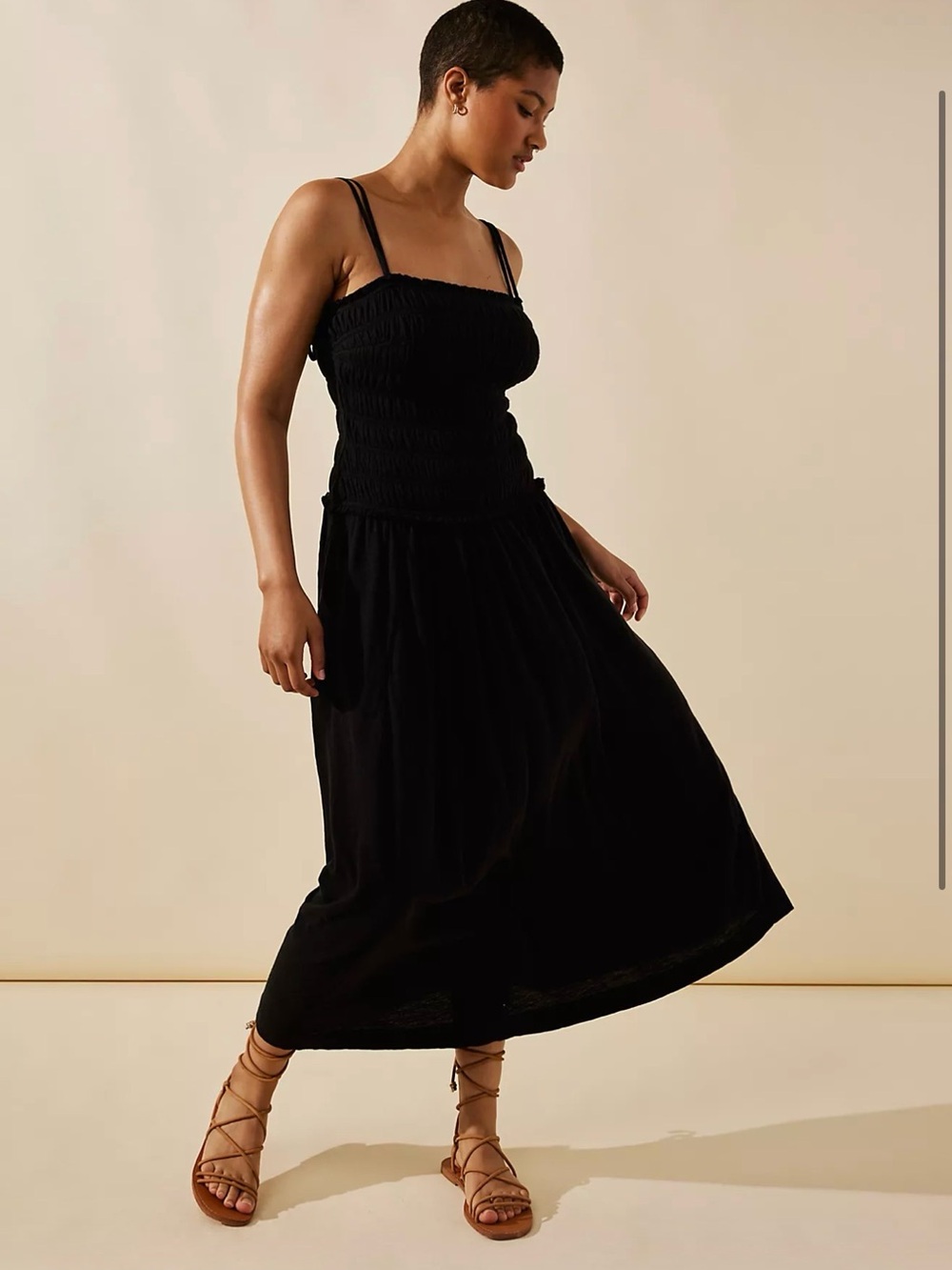 Free People Beach Black Smocked Strap Maxi Dress with Flowing Skirt